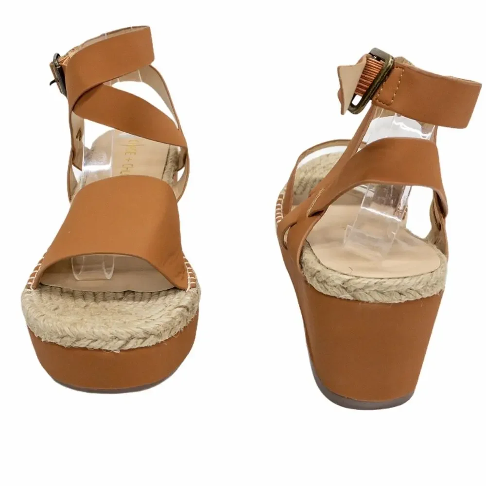 Chase + Chloe Gaston-5 Tan Nubuck Wedge Espadrille Sandals Women's 7.5